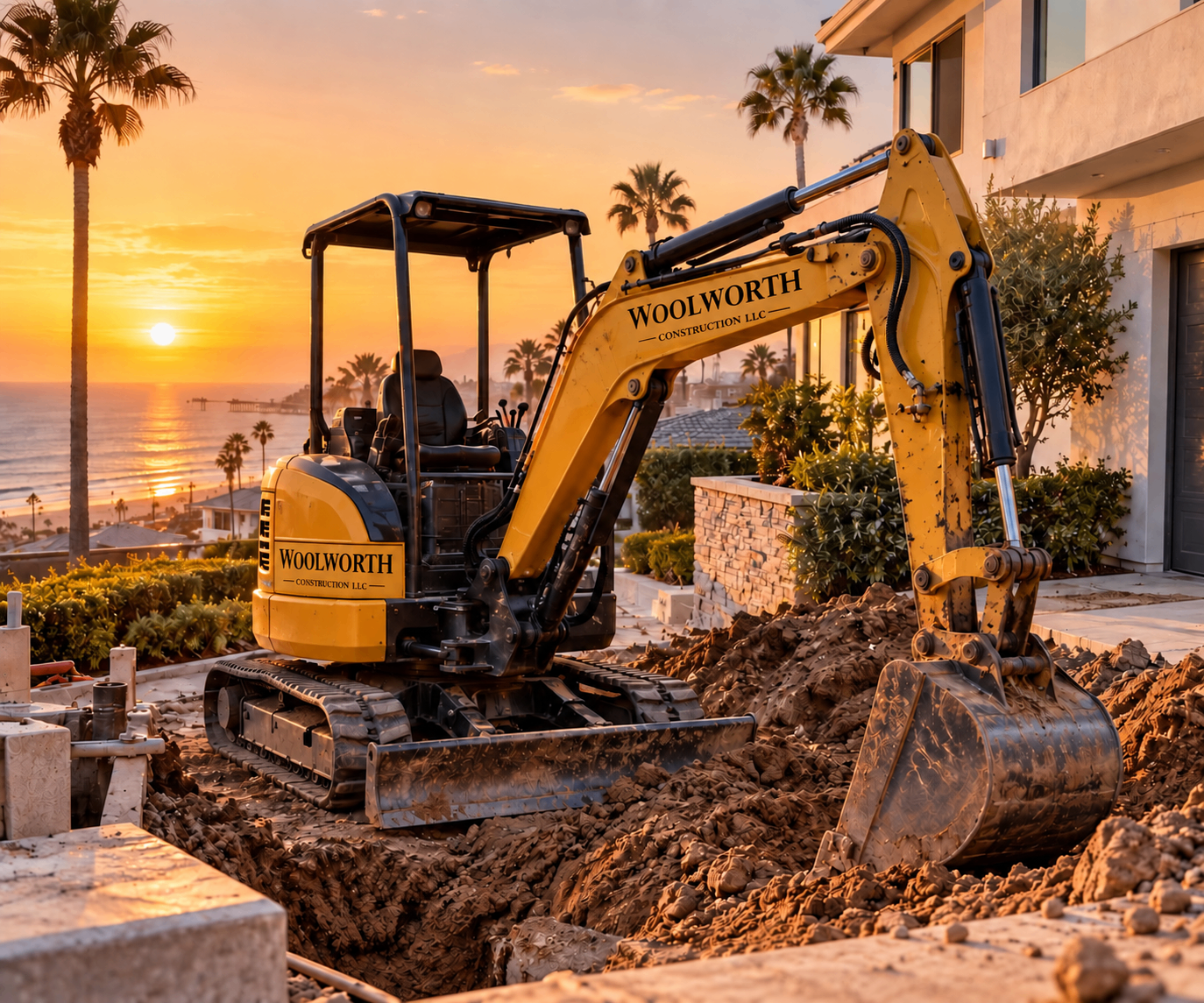 Excavator digging a utility trench on an underground construction site